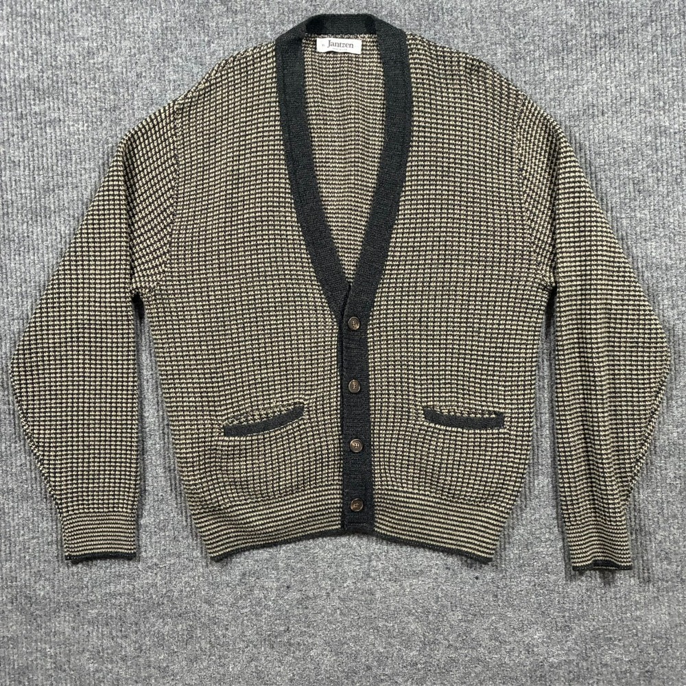 Vintage Jantzen Cardigan Sweater Mens XL Black Tan Knit Grandpa USA Button Front